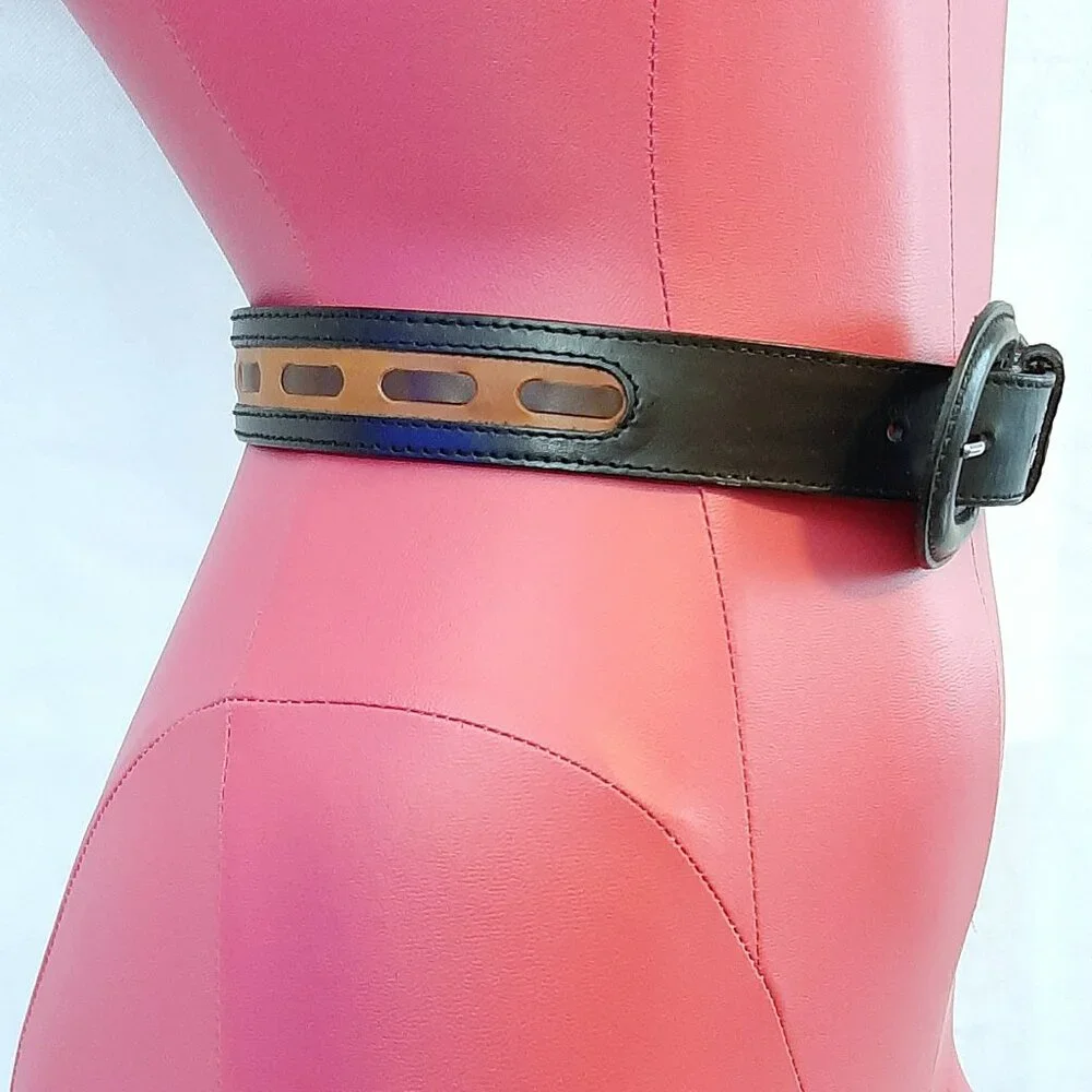 GINNIE JOHANSEN Women's Vintage leather inlay belt Black Brown Size Small 26-30